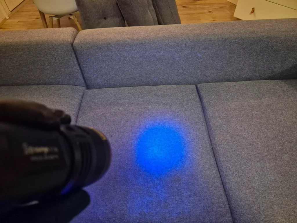 Čištění sedaček – výsledek po hloubkovém čištění, kontrola pomocí UV lampy bez skvrn.
