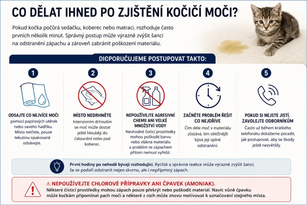 Infografika s doporučeným postupem po zjištění kočičí moči na sedačce, koberci nebo matraci. Vysvětluje, jak správně odstranit moč a čemu se při čištění vyhnout.
